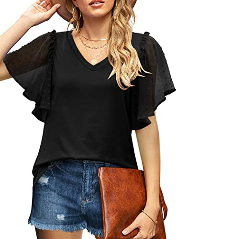 Damen V-Ausschnitt Bluse mit transparenten Rüschenschultern EB