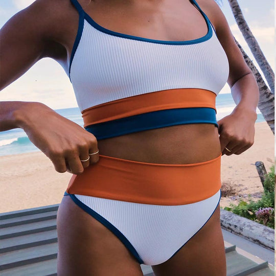 Damen Hoch tailliertes Bikini-Set mit modischen Blockstreifen EB