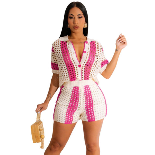 Damen luftiges Strick-Set mit trendy Häkelmuster EB