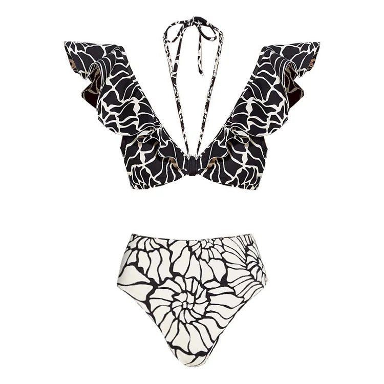 Damen Bikiniset mit voluminösen Rüschen und Hoher Taille EB