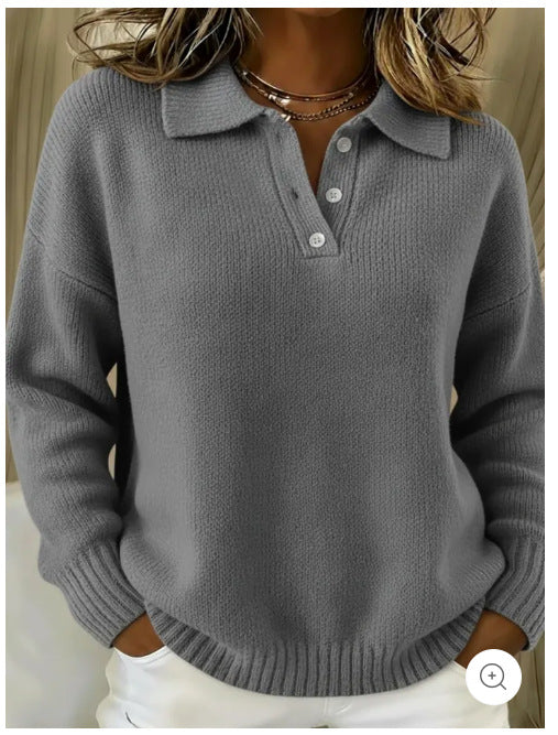 Damen nan kuscheliger Polokragenpullover mit kurzer Knopfleiste und gerippten Bündchen EB