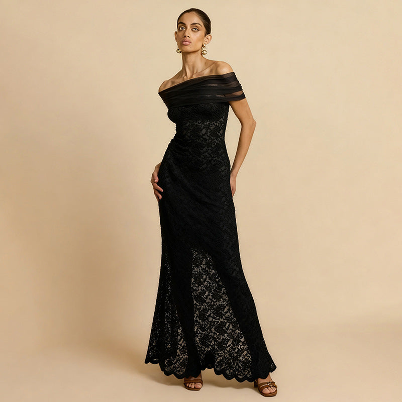 Damen Spitzen-Maxikleid mit schulterfreiem Design und elegantem Drapierungseffekt EB