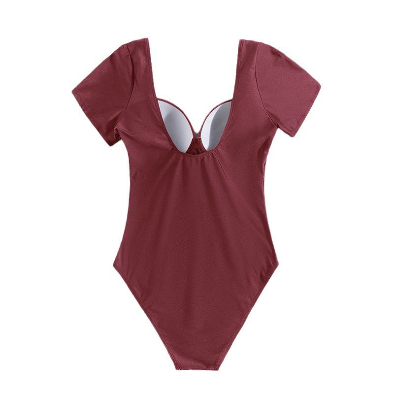Damen Einteiler Badeanzug mit eleganten Kurzärmel und tiefem V-Ausschnitt EB