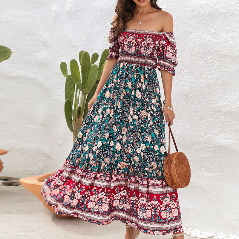 Damen Maxikleid mit voluminösen Puffärmeln und floralem Muster EB
