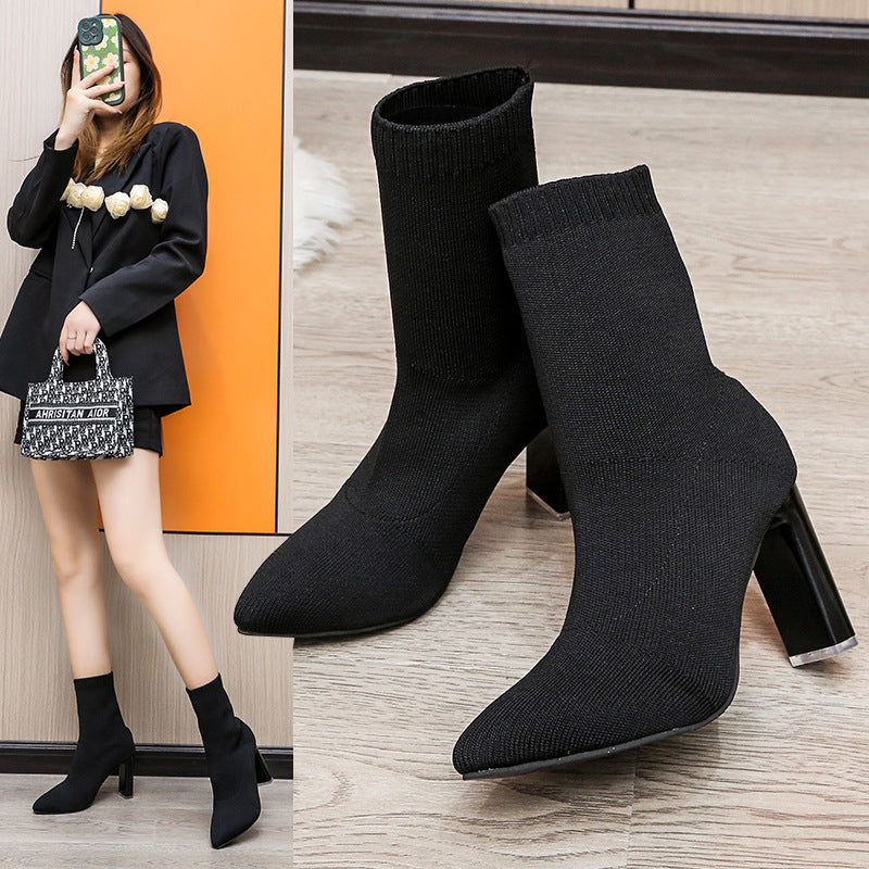 Damen nan gestrickte Sock-Ankleboot mit spitzer Zehenpartie und skulpturellem Blockabsatz EB