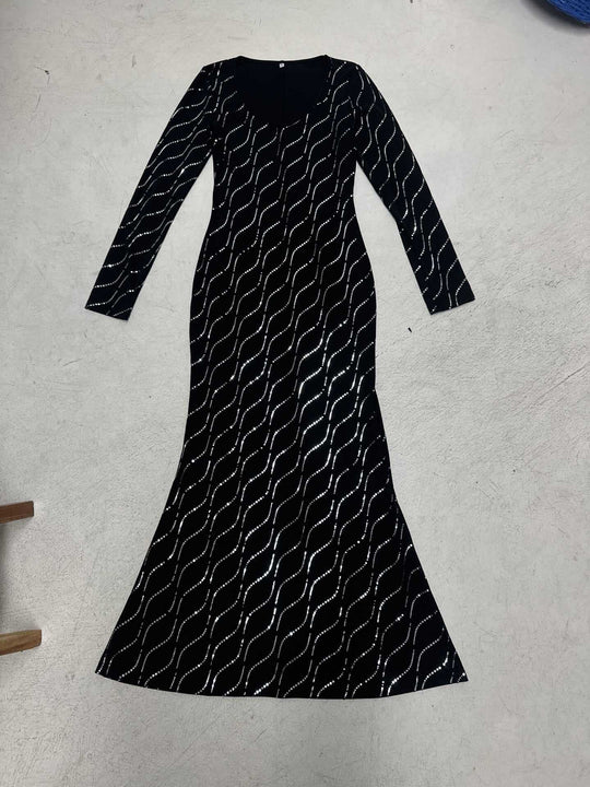 Damen nan langärmeliges Bodycon-Mermaid-Abendkleid mit Wellen-Strassbesatz EB