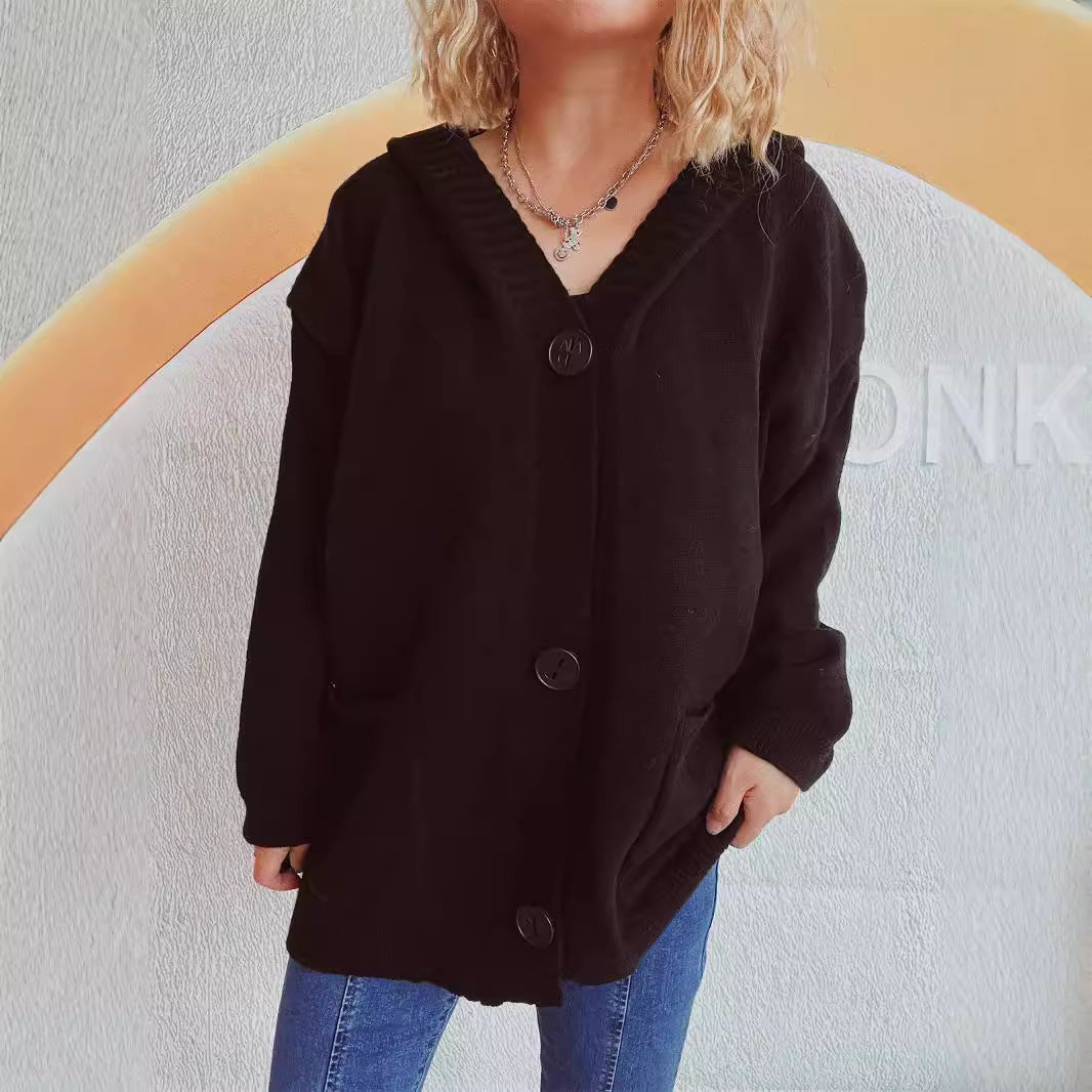 Damen bequeme Strickjacke mit Kapuze und praktischen Taschen EB