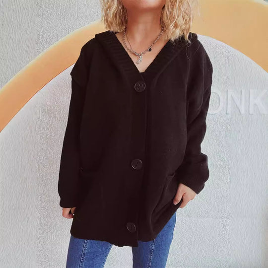 Damen bequeme Strickjacke mit Kapuze und praktischen Taschen EB