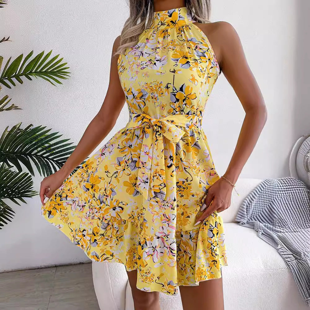 Damen Halsnaht Kurzkleid mit floralen Mustern und schwingendem Rock EB