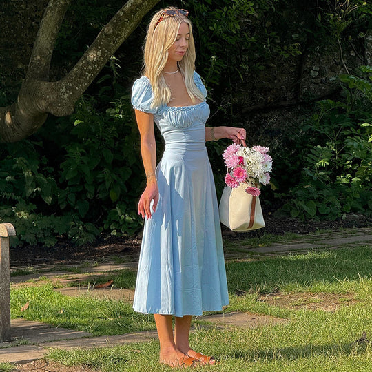 Damen Maxi-Kleid mit voluminösen Puffärmeln und elastischem Ausschnitt EB