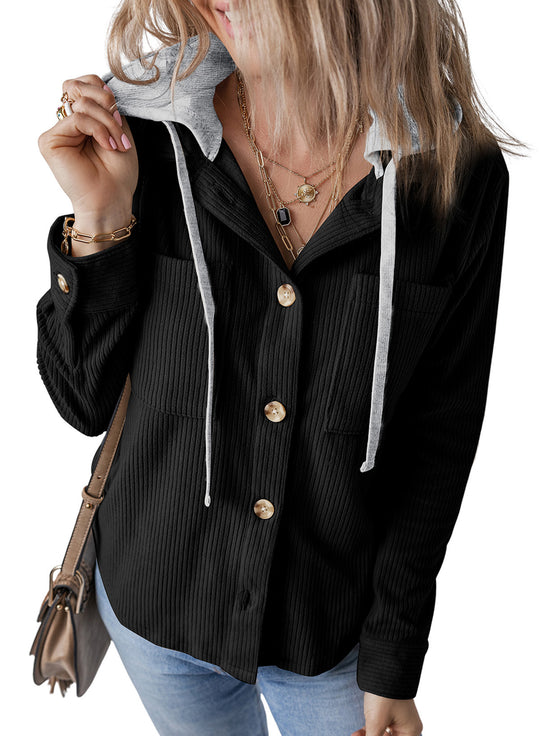Damen lässige Oversized-Hemdjacke mit Kapuze und strukturiertem Stoff EB