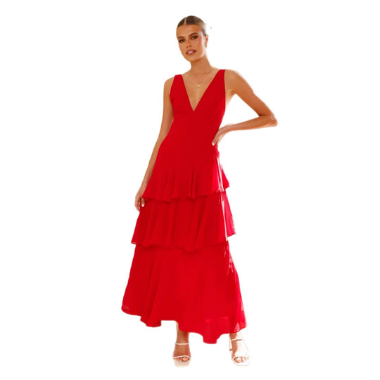 Damen Maxikleid mit verführerischen Rüschenschichten und tiefem V-Ausschnitt EB