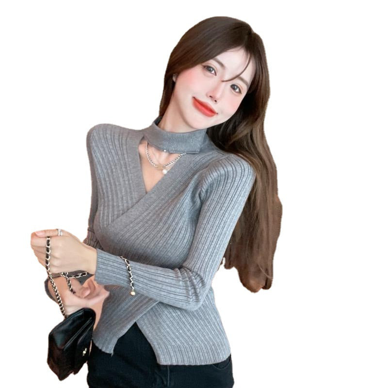Damen elegantes Wickeloberteil aus geripptem Strickmaterial EB