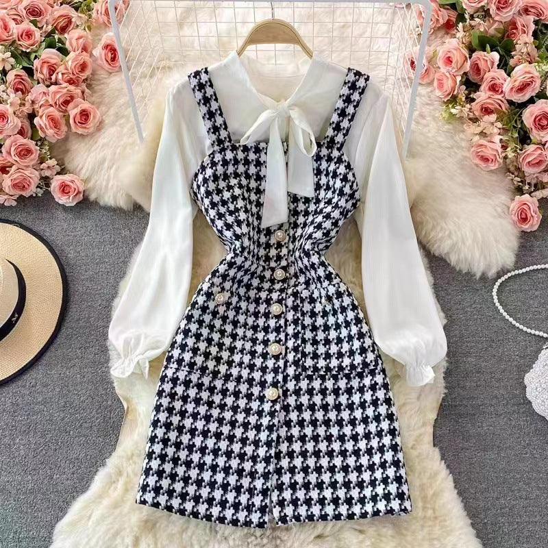 EB | Satz mit Latzkleid Tweed A-Linie Bluse mit Schleife und Puffärmeln