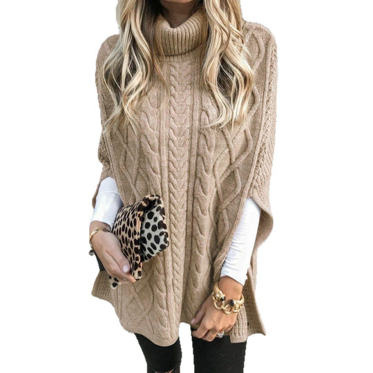 Damen Strickponcho mit hohem Kragen und aufwendigem Zopfmuster EB