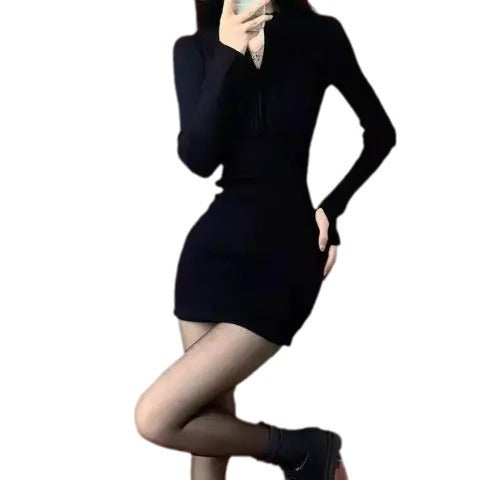 Damen figurbetontes Minikleid mit modernem Reißverschluss und Rippstruktur EB
