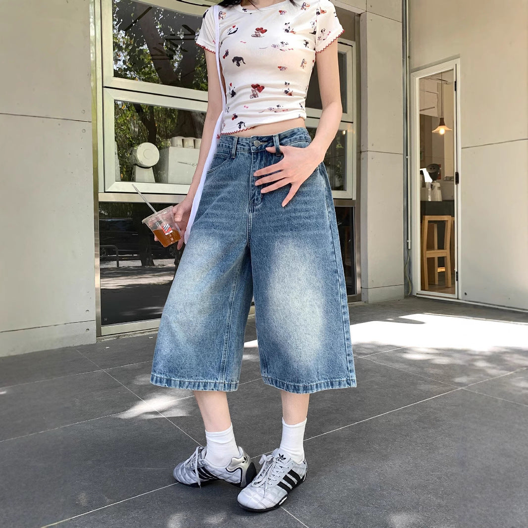Damen Weite Denim-Culotte-Shorts mit hohem Bund und lässigem Design EB