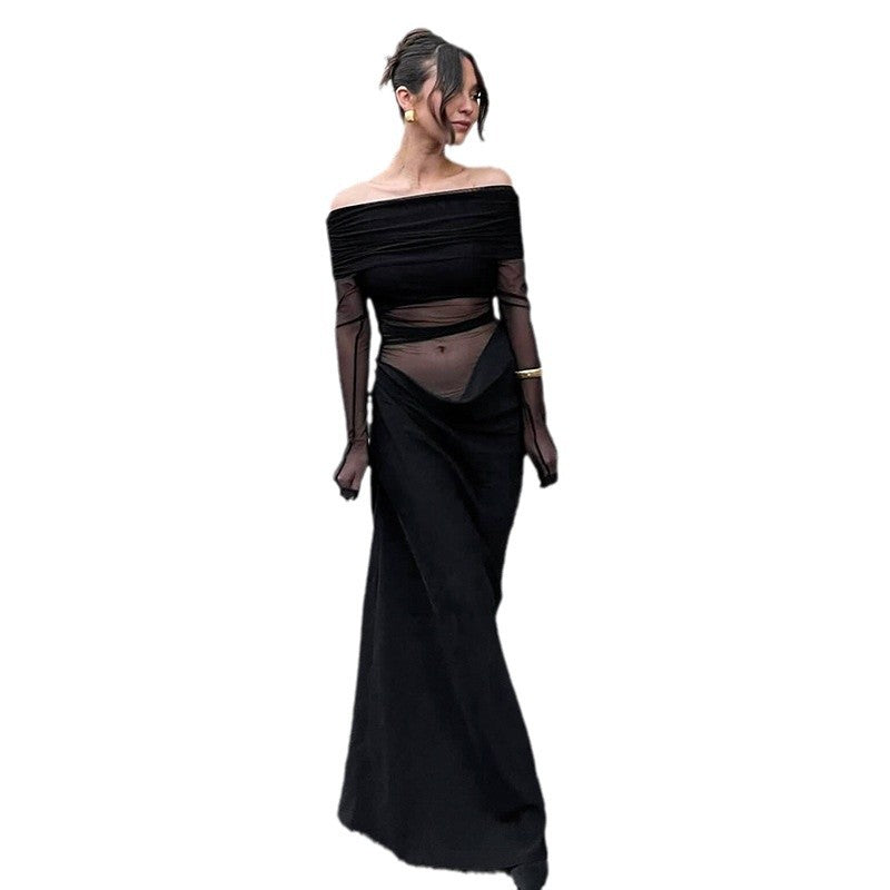 Damen Maxikleid mit schulterfreiem Design und fließendem Stoff EB
