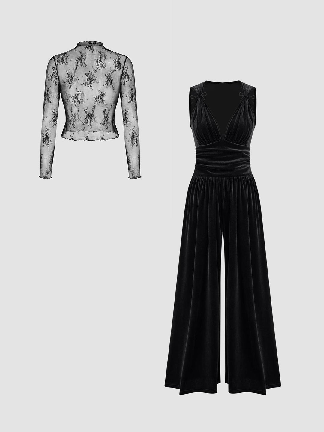 Damen elegante Spitzenbluse mit schmalem Schnitt und weitem Hosenanzug EB