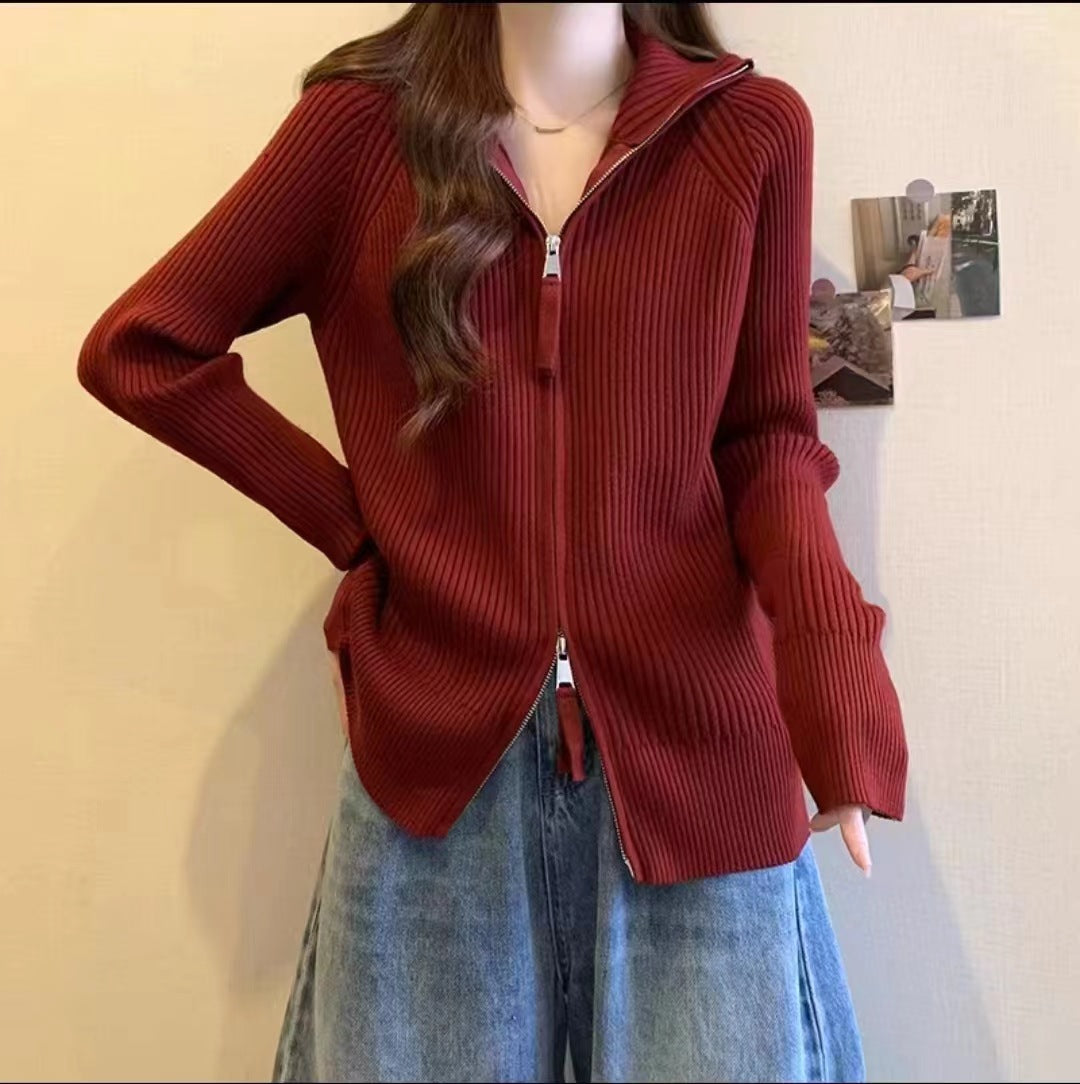 Damen Modische Strickjacke mit hohem Kragen und Reißverschluss EB