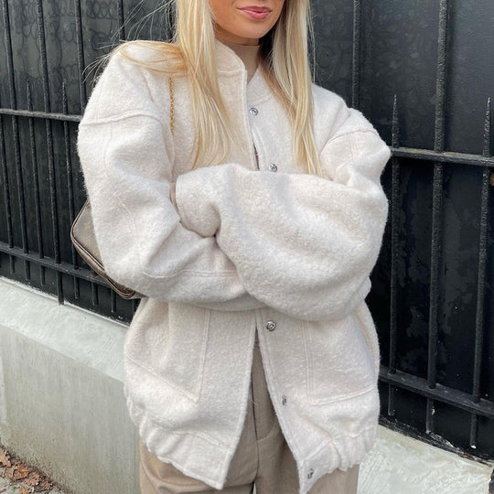 Damen Oversized Fleecejacke mit Knopfverschluss und seitlichen Taschen EB