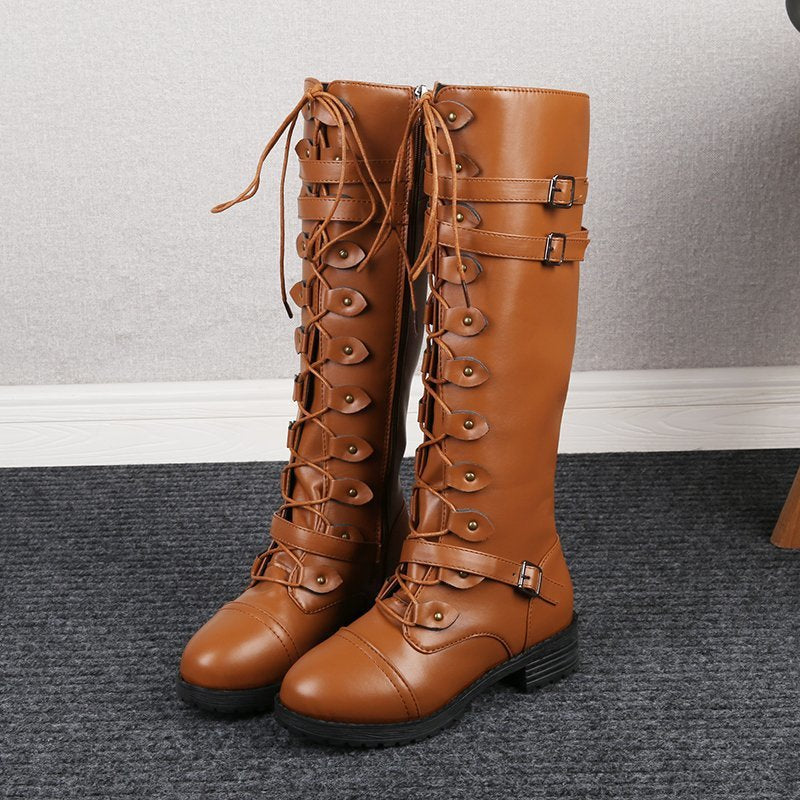 Damen  kniehohe Schnürstiefel mit seitlichem Reißverschluss, verstellbaren Zierriemen und profilierter Gummisohle EB