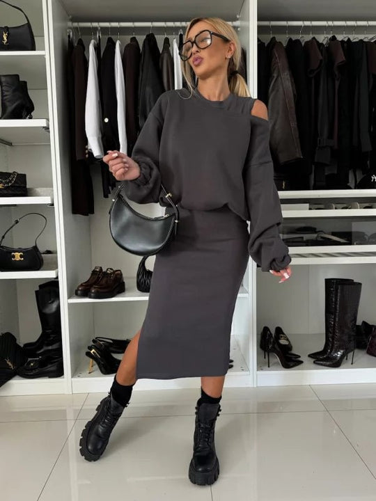 Damen modisches Sweatshirt und Midi-Rock Set EB
