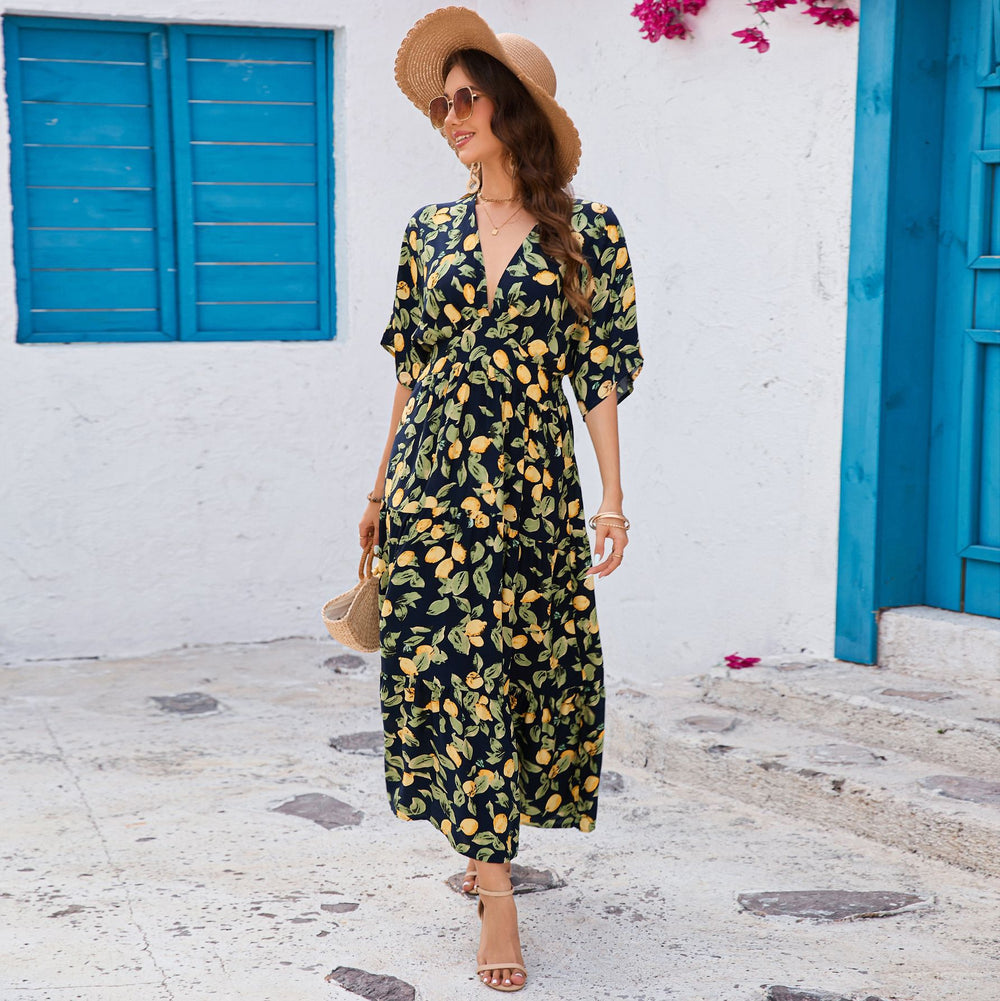 Damen Maxikleid mit elegantem V-Ausschnitt und floralen Design EB