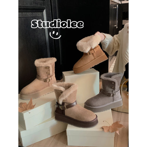 Damen modische Booties mit weichem Kunstfellkragen und praktischem Schnallenverschluss EB