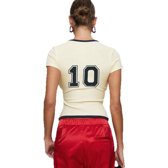 Damen Figurbetontes geripptes T-Shirt mit Logoprint und Kontrastkragen EB