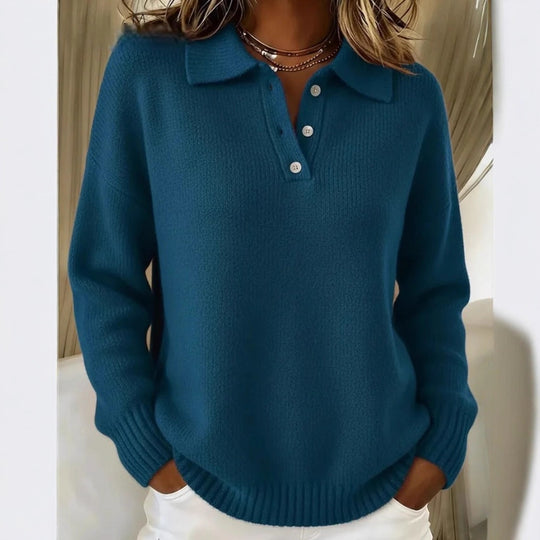 Damen nan kuscheliger Polokragenpullover mit kurzer Knopfleiste und gerippten Bündchen EB