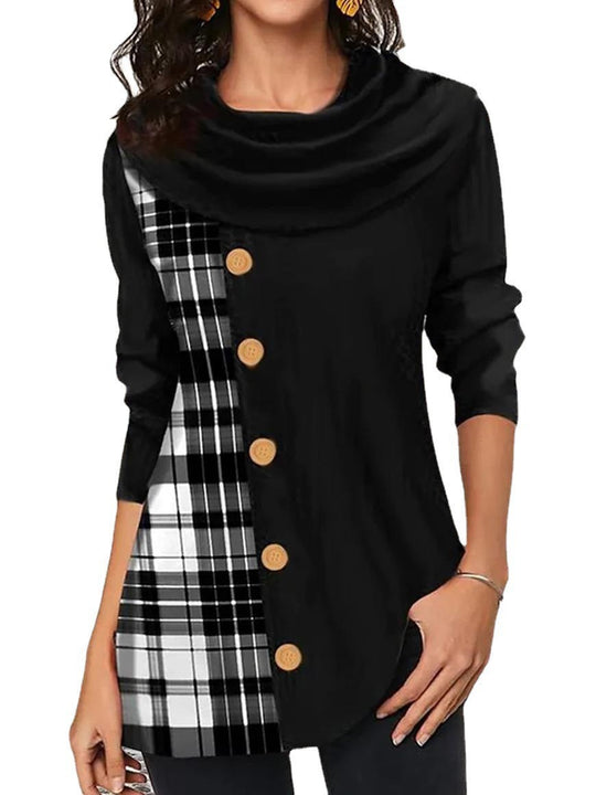 Damen Asymmetrische Tunika mit Schalkragen, Holzknopf-Leiste und Karopaneel EB