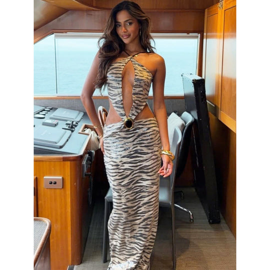 Damen Figurbetontes Kleid mit auffälligem Cut-Out und Glitzerakzenten EB