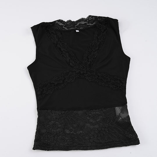 Damen-Spitzen-Tanktop mit tiefem V-Ausschnitt und dekorativen Rüschendetails EB