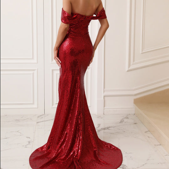 Damen Glitzerndes Abendkleid mit tiefem Ausschnitt und hoher Seitenschlitze EB