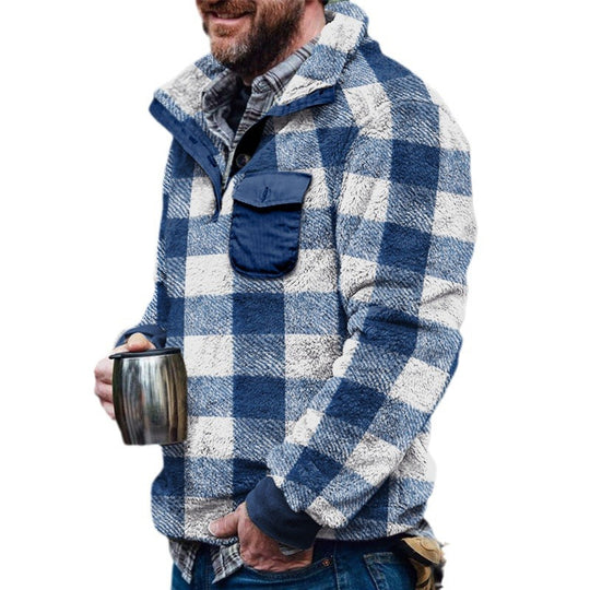 Herren Fleece-Pullover mit Karomuster und Hohem Kragen EB
