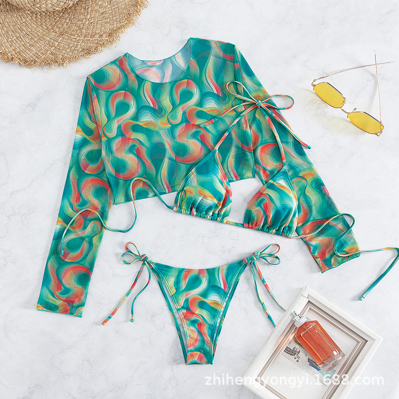 Damen Bikini-Set mit langärmligem Oberteil und verspielten Bindebändern EB