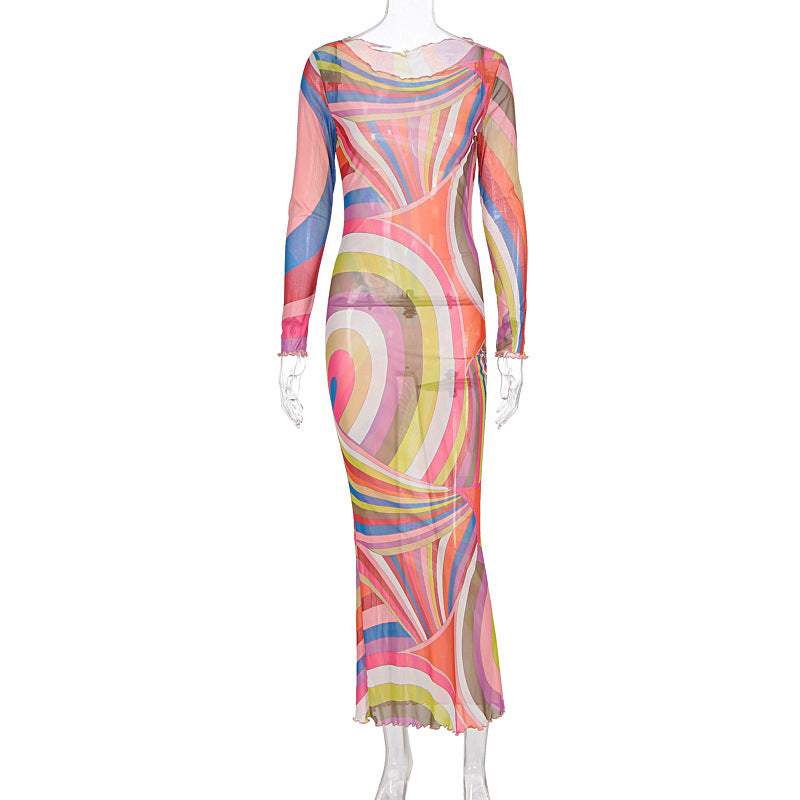 Damen Langarm Maxikleid mit buntem Muster EB