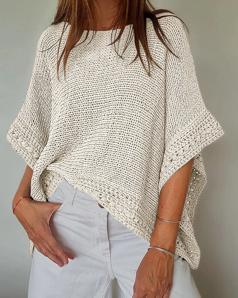 Damen Leichtes Oversize Strickponcho mit Häkelkante EB