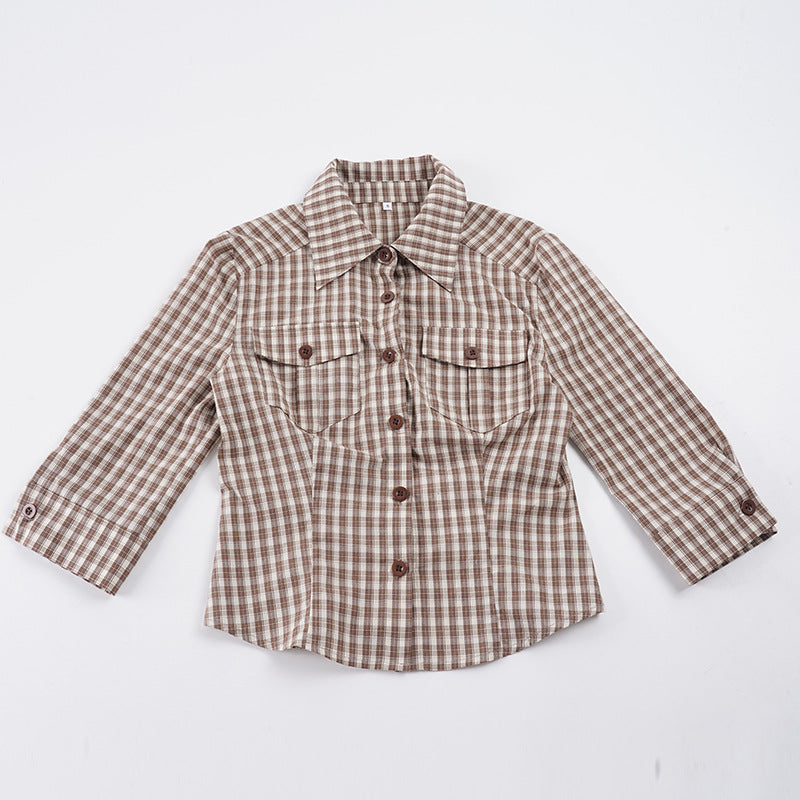 Damen nan taillierte Dreiviertelarm Karobluse mit Brustpattentaschen und Hemdkragen EB