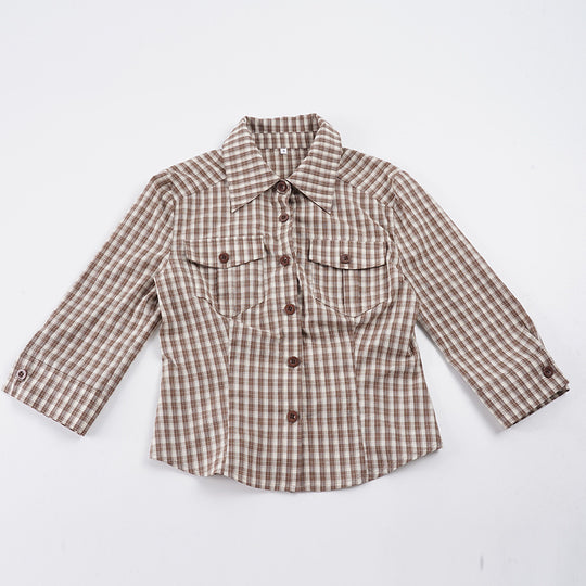 Damen nan taillierte Dreiviertelarm Karobluse mit Brustpattentaschen und Hemdkragen EB