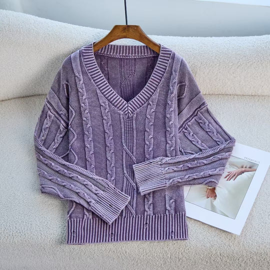 Damen Modischer Strickpullover mit V-Ausschnitt und Zopfmuster EB