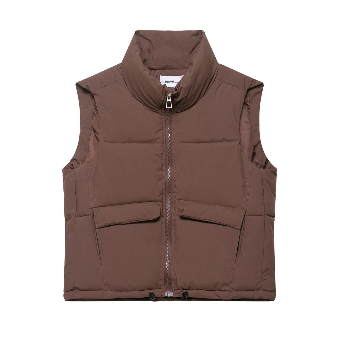 Damen stylische Steppweste mit hochgeschlossenem Kragen und praktischen Taschen EB