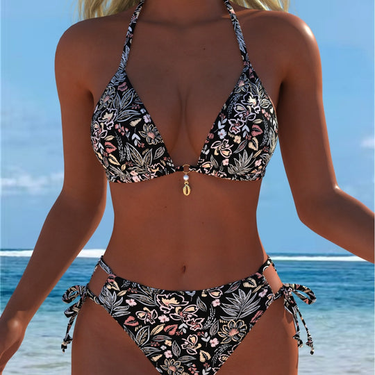 Damen Triangel-Bikini mit verspieltem Floral-Design und verstellbaren Bindebändern EB