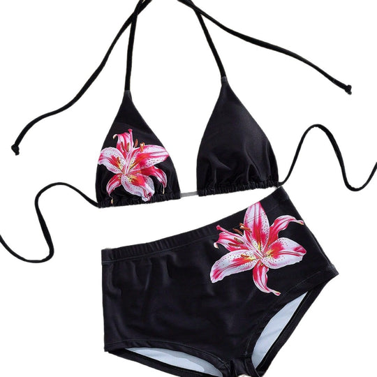 Damen Hochgeschnittener Bikini mit gestreiftem Design und floralen Akzenten EB