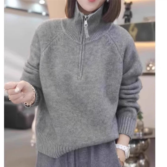 Damen Strickpullover mit hohem Kragen und praktischem Reißverschluss EB
