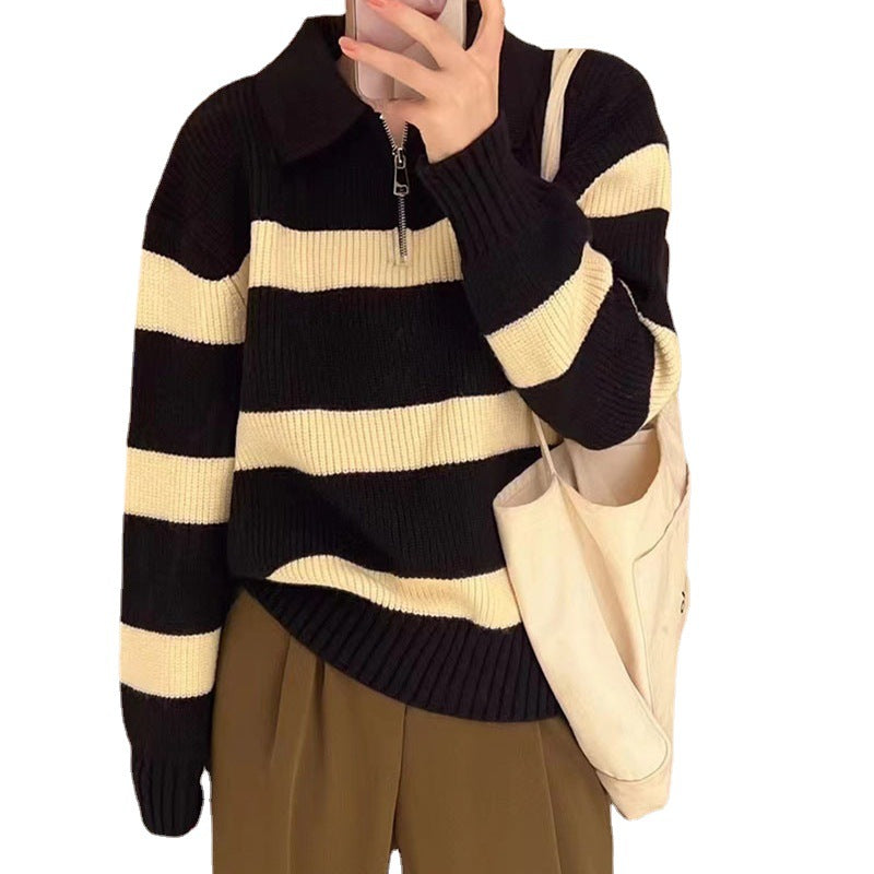 Damen Grob gestrickter Pullover mit modernem Streifenmuster und V-Ausschnitt EB