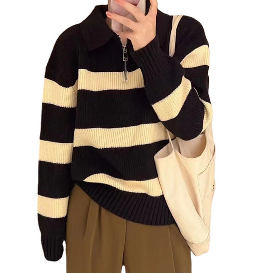 Damen Grob gestrickter Pullover mit modernem Streifenmuster und V-Ausschnitt EB