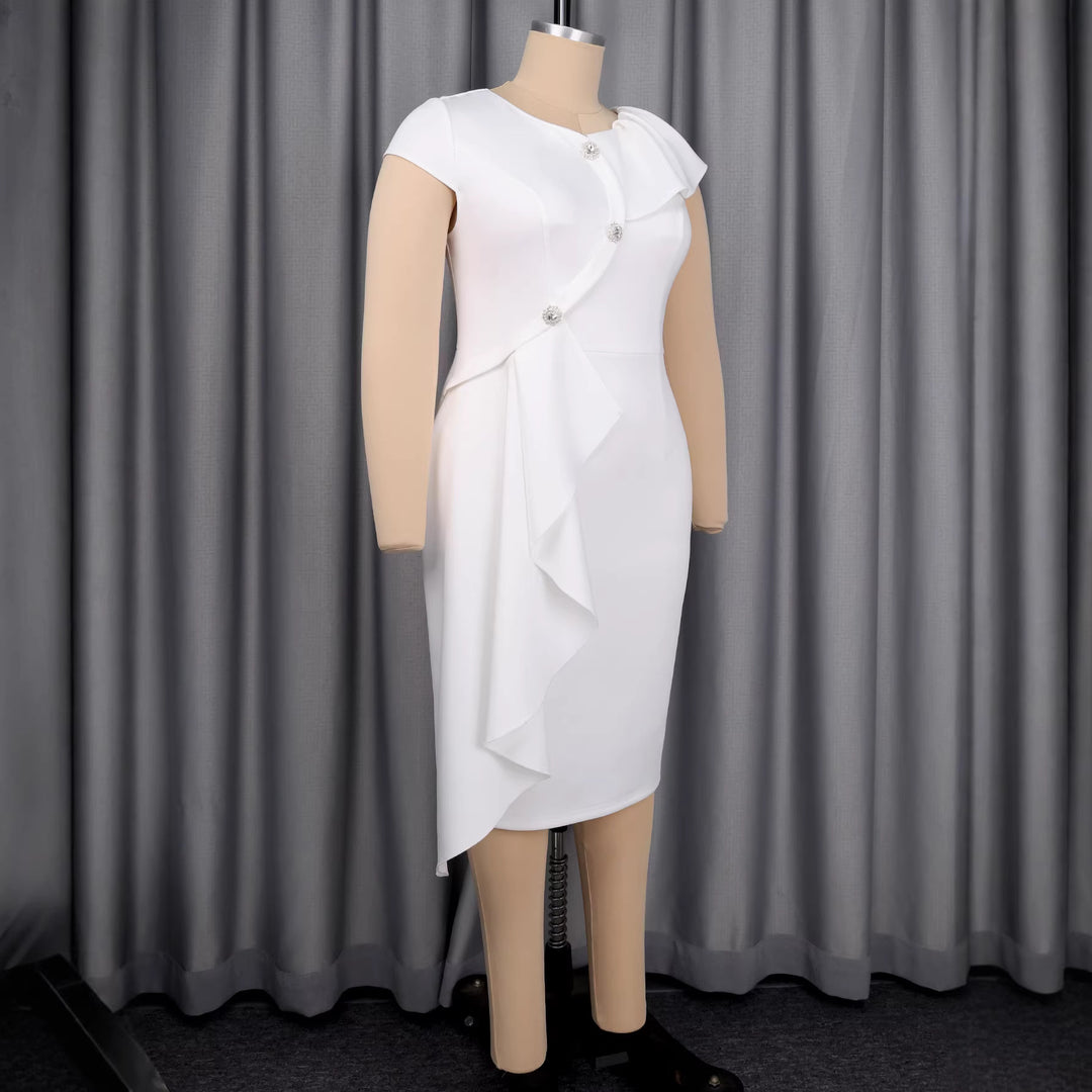 Damen elegantes Wickelkleid mit Rüschenkante und funkelnden Knopfdetails EB