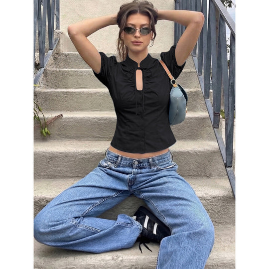 Damen Bluse mit Rüschendetails und dekorativer Schleife EB